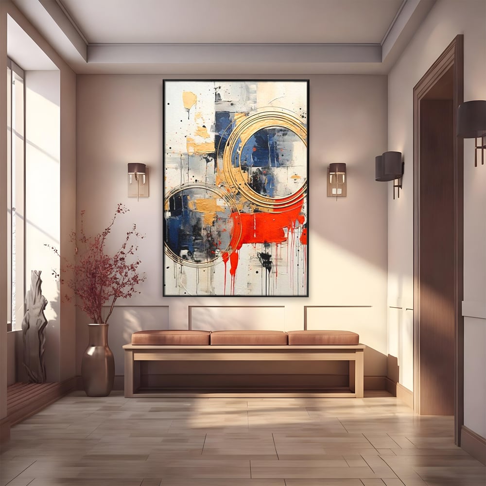 Tablou canvas cu tablou abstract cu cercuri aurii si tuse rosu aprins, in rama de aluminiu negru